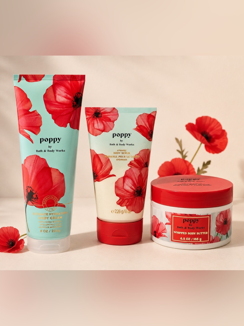 Bath & Body Works Poppy Collection - Whipped Body Butter, Body Scrub, Body Cream